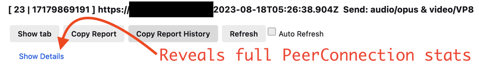 How to reveal the full statistics of a PeerConnection in about:webrtc