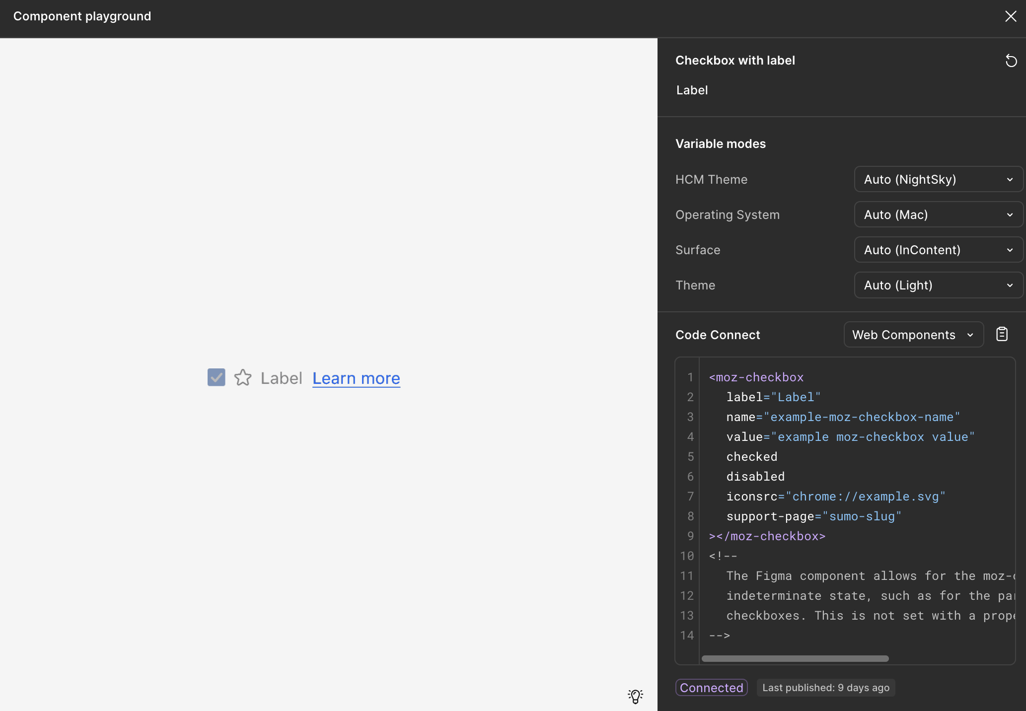 Figma user interface showing the component playground