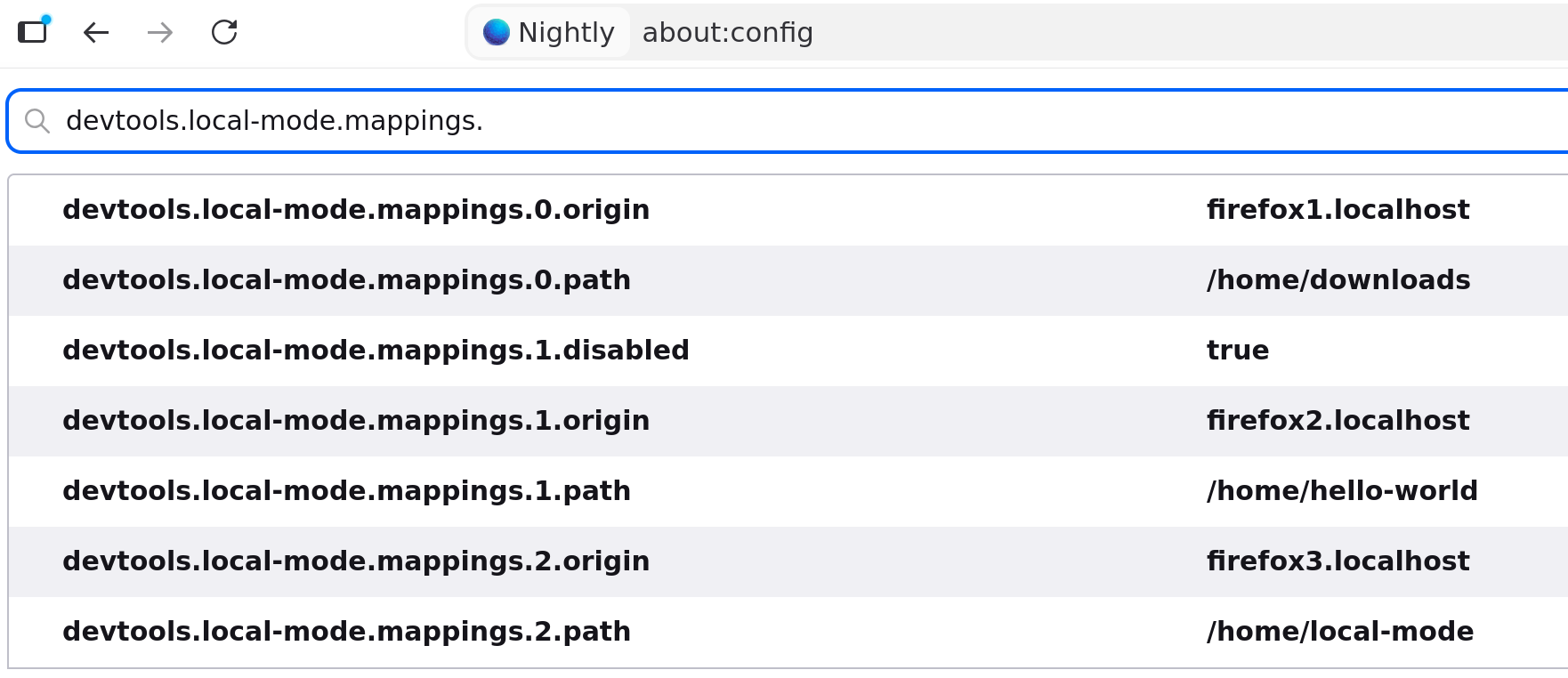 List of Local Mapping preferences displayed in about:config