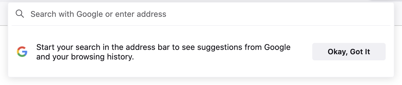 Image of the redirect search tip with text "Start your search in the address bar to see suggestions from Google and your browsing history"